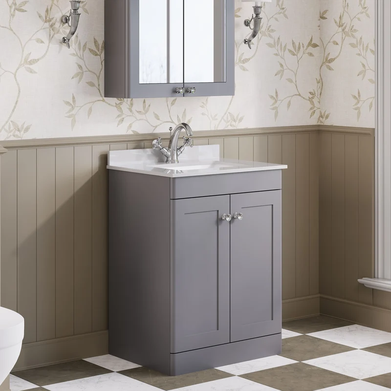 Classique 600mm Floor Standing Vanity Unit With 2 Doors With White Marble Worktop With Square Basin - Satin Grey