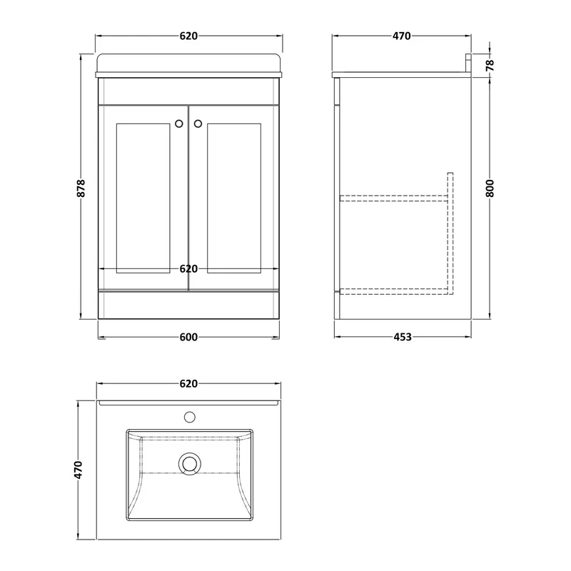 Classique 600mm Floor Standing Vanity Unit With 2 Doors With White Marble Worktop With Square Basin - Satin Green