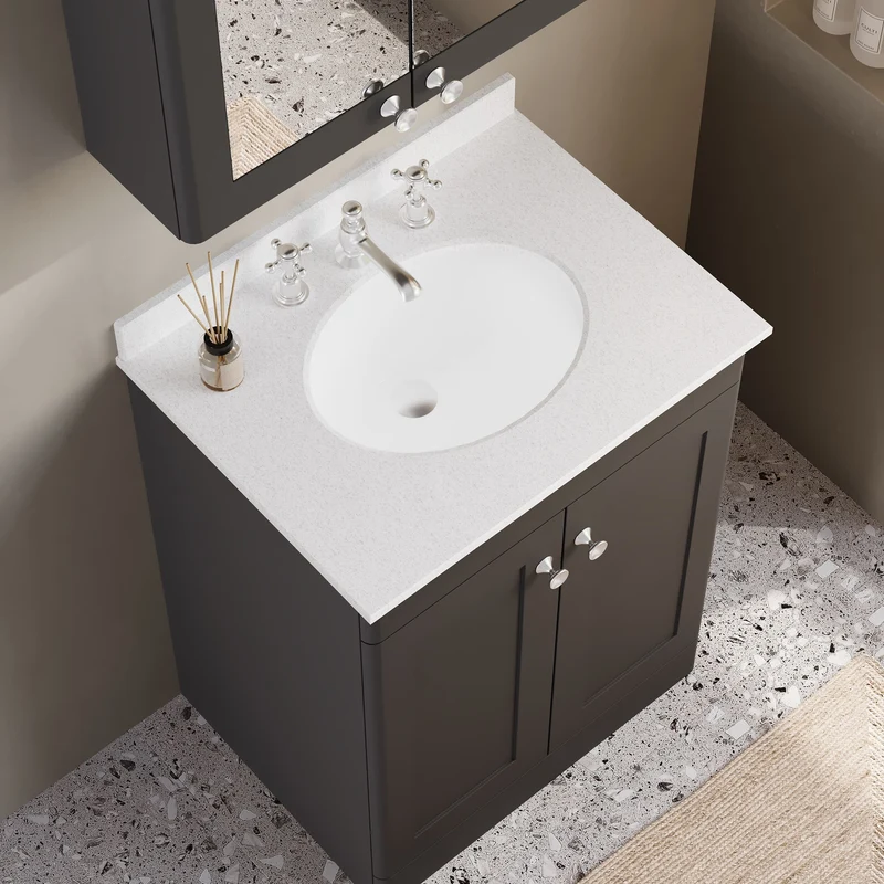 Classique 600mm Floor Standing Vanity Unit With 2 Doors With White Marble Worktop With Round Basin - Satin Soft Black