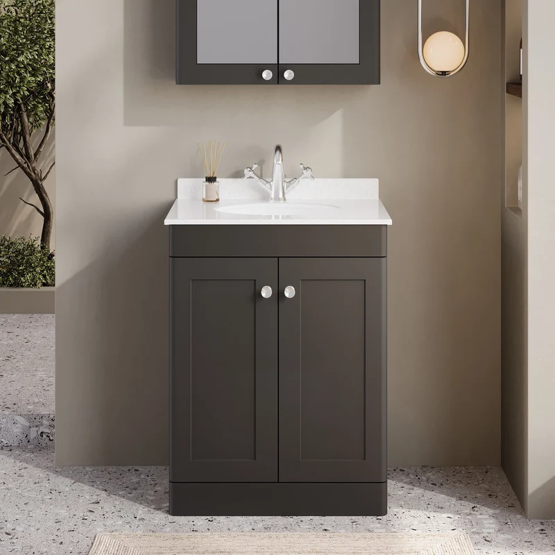 Classique 600mm Floor Standing Vanity Unit With 2 Doors With White Marble Worktop With Round Basin - Satin Soft Black