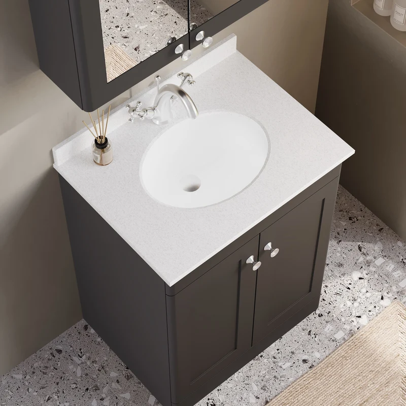 Classique 600mm Floor Standing Vanity Unit With 2 Doors With White Marble Worktop With Round Basin - Satin Soft Black