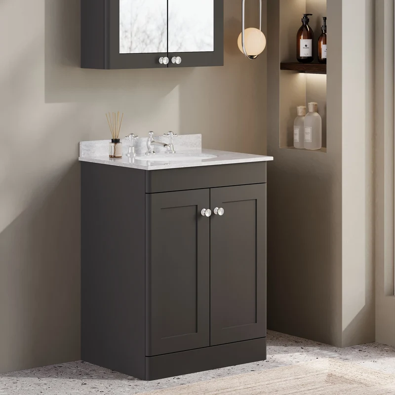 Classique 600mm Floor Standing Vanity Unit With 2 Doors With Grey Marble Worktop With Round Basin - Satin Soft Black