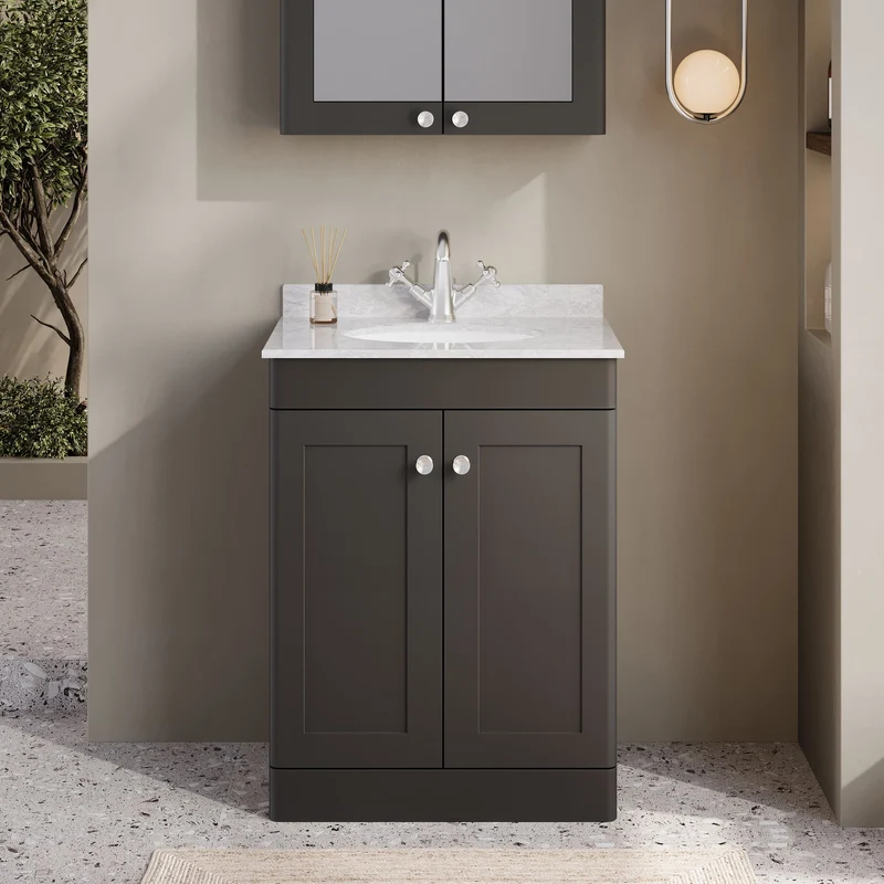 Classique 600mm Floor Standing Vanity Unit With 2 Doors With Grey Marble Worktop With Round Basin - Satin Soft Black