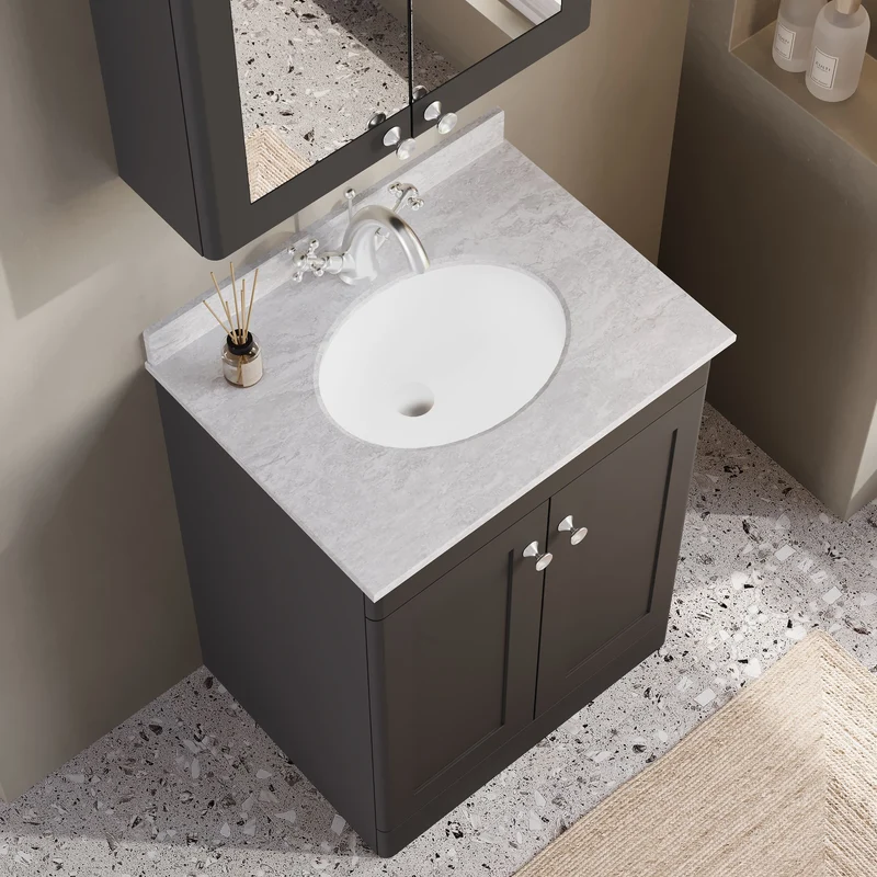 Classique 600mm Floor Standing Vanity Unit With 2 Doors With Grey Marble Worktop With Round Basin - Satin Soft Black