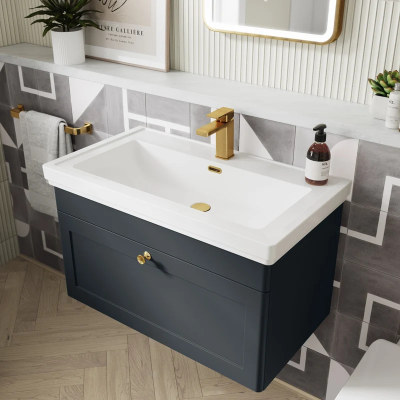 Classique 600mm Floor Standing Vanity Unit With 2 Doors With Grey Marble Worktop With Round Basin - Satin Soft Black