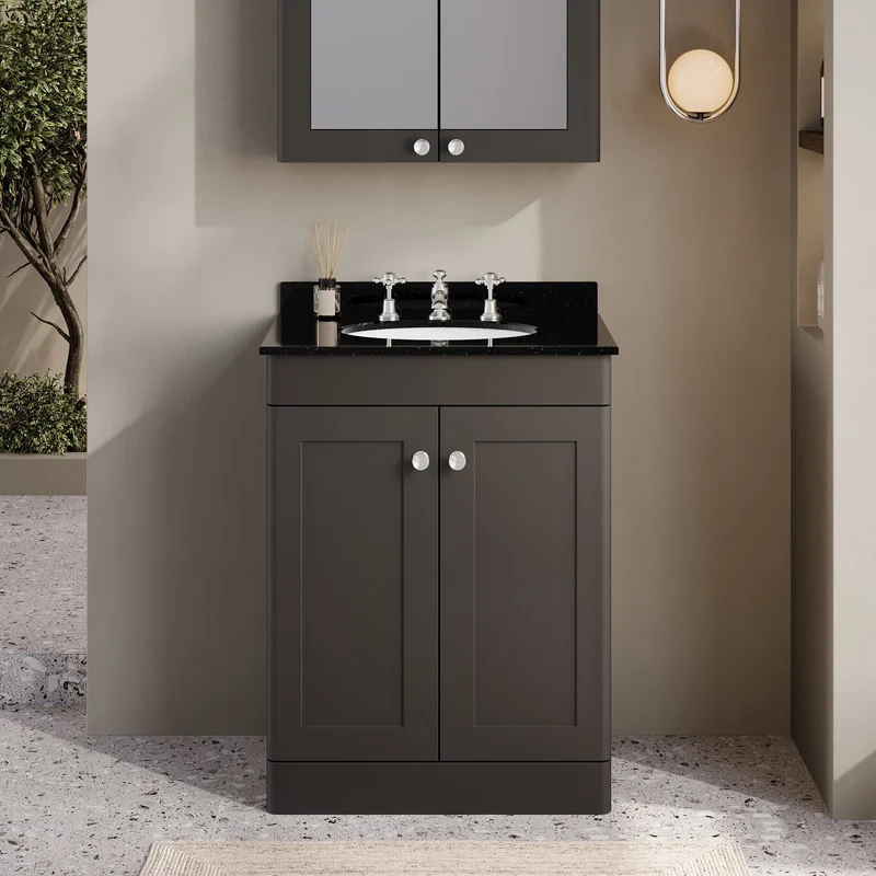 Classique 600mm Floor Standing Vanity Unit With 2 Doors With Black Marble Worktop With Round Basin - Satin Soft Black