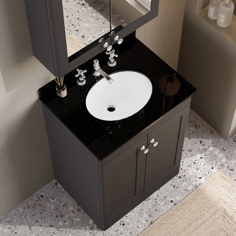Classique 600mm Floor Standing Vanity Unit With 2 Doors With Black Marble Worktop With Round Basin - Satin Soft Black