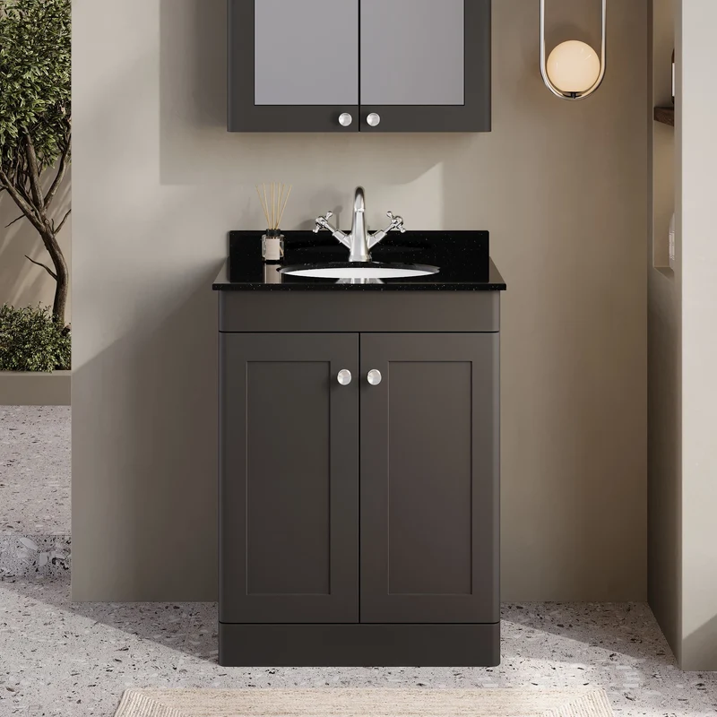 Classique 600mm Floor Standing Vanity Unit With 2 Doors With Black Marble Worktop With Round Basin - Satin Soft Black