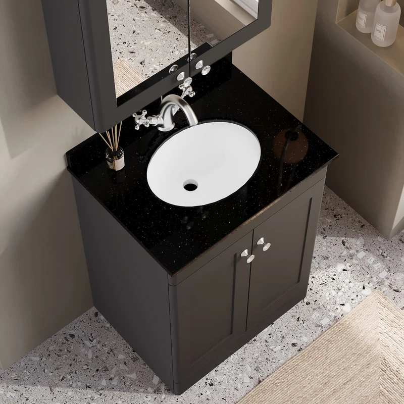Classique 600mm Floor Standing Vanity Unit With 2 Doors With Black Marble Worktop With Round Basin - Satin Soft Black