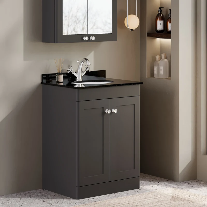 Classique 600mm Floor Standing Vanity Unit With 2 Doors With Black Marble Worktop With Round Basin - Satin Soft Black