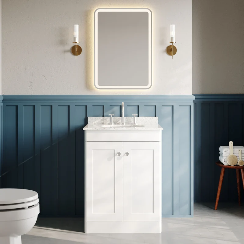 Classique 600mm Floor Standing Vanity Unit With 2 Doors With White Marble Worktop With Round Basin - Satin White