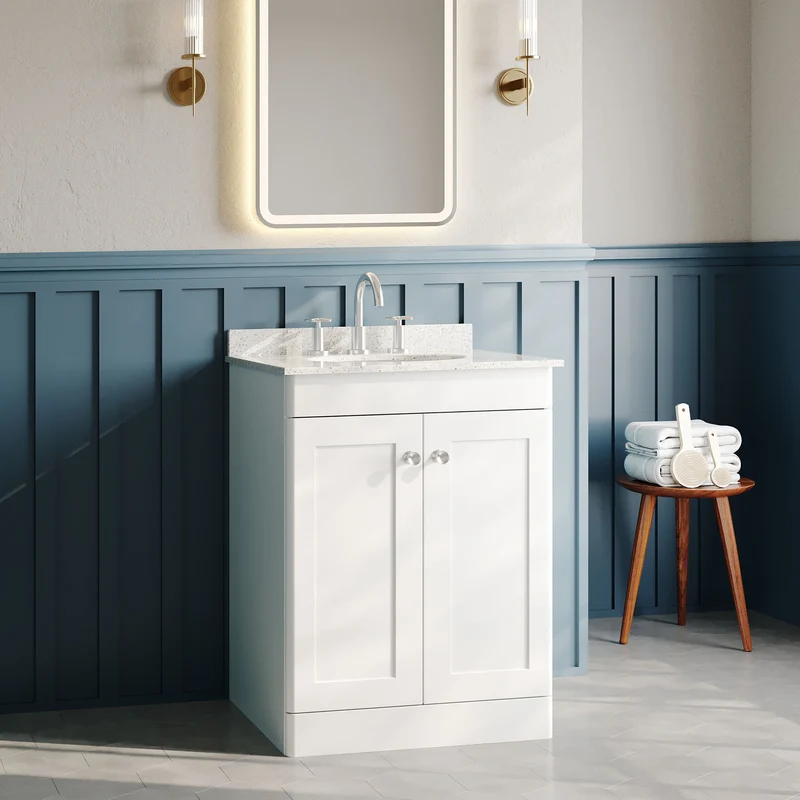Classique 600mm Floor Standing Vanity Unit With 2 Doors With White Marble Worktop With Round Basin - Satin White