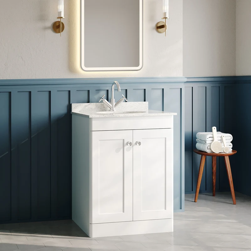 Classique 600mm Floor Standing Vanity Unit With 2 Doors With White Marble Worktop With Round Basin - Satin White