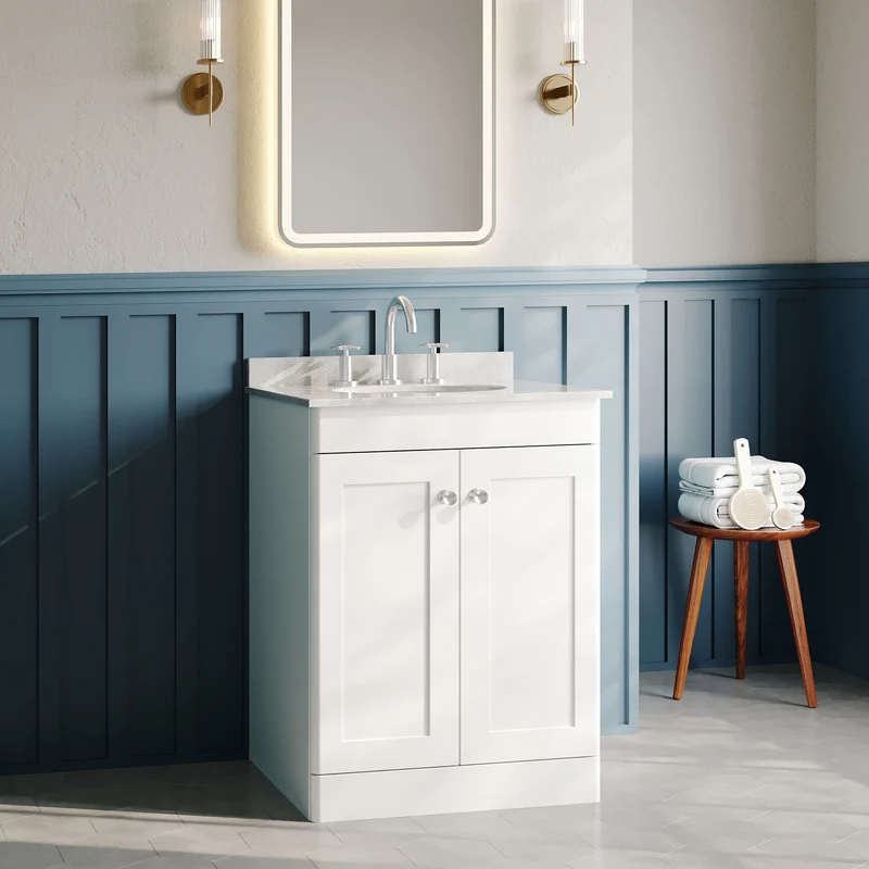 Classique 600mm Floor Standing Vanity Unit With 2 Doors With Grey Marble Worktop With Round Basin - Satin White