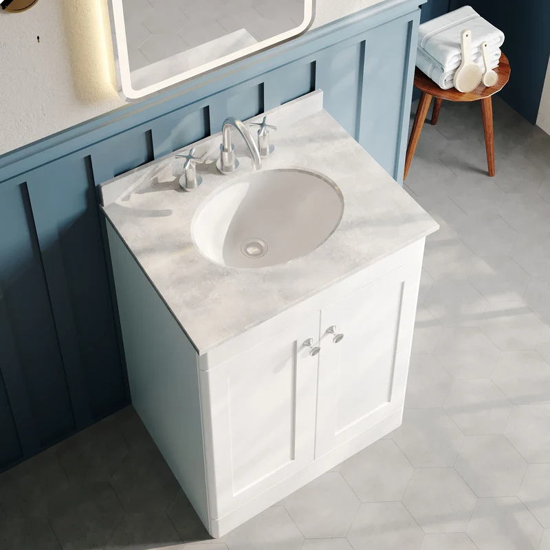 Classique 600mm Floor Standing Vanity Unit With 2 Doors With Grey Marble Worktop With Round Basin - Satin White