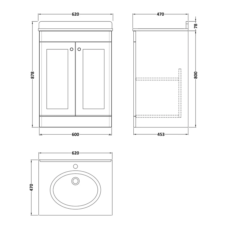 Classique 600mm Floor Standing Vanity Unit With 2 Doors With Grey Marble Worktop With Round Basin - Satin White