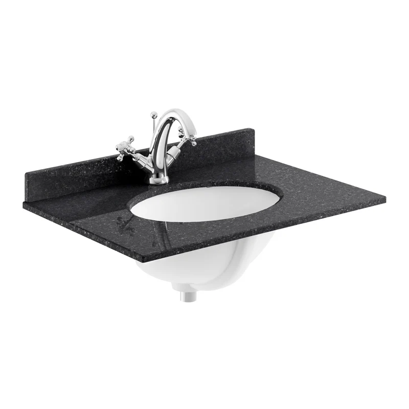 Classique 600mm Floor Standing Vanity Unit With 2 Doors With Black Marble Worktop With Round Basin - Satin White