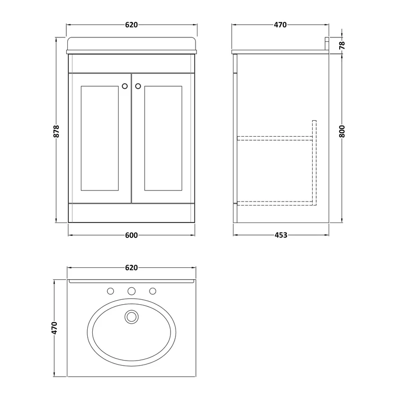 Classique 600mm Floor Standing Vanity Unit With 2 Doors With Black Marble Worktop With Round Basin - Satin White