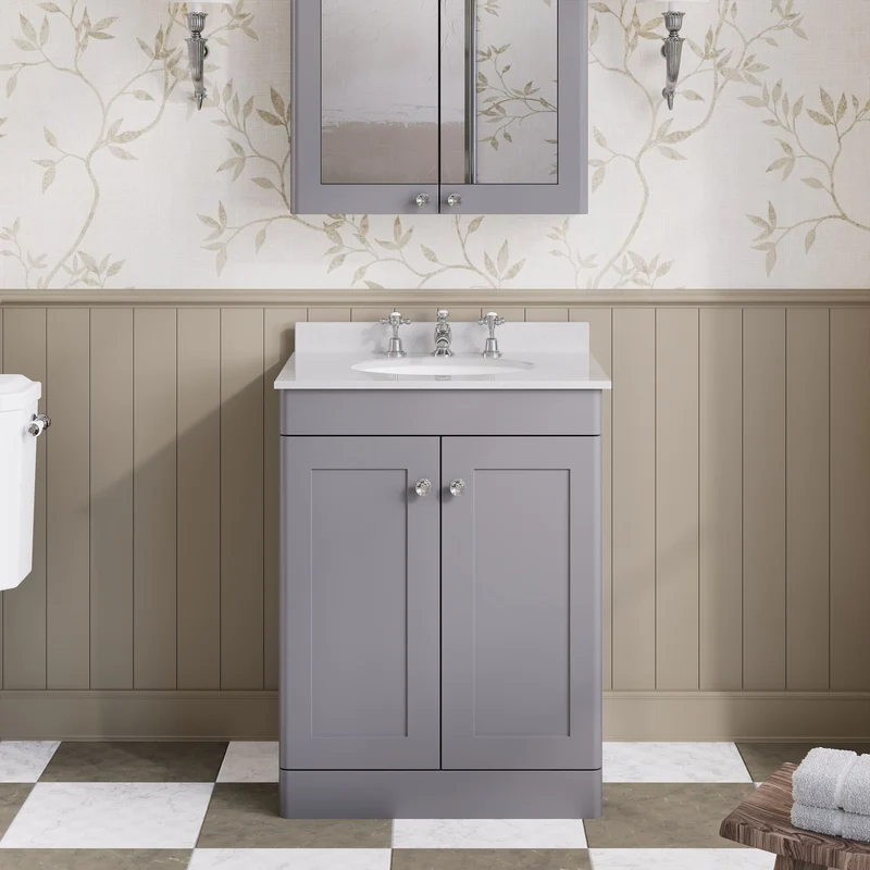 Classique 600mm Floor Standing Vanity Unit With 2 Doors With White Marble Worktop With Round Basin - Satin Grey