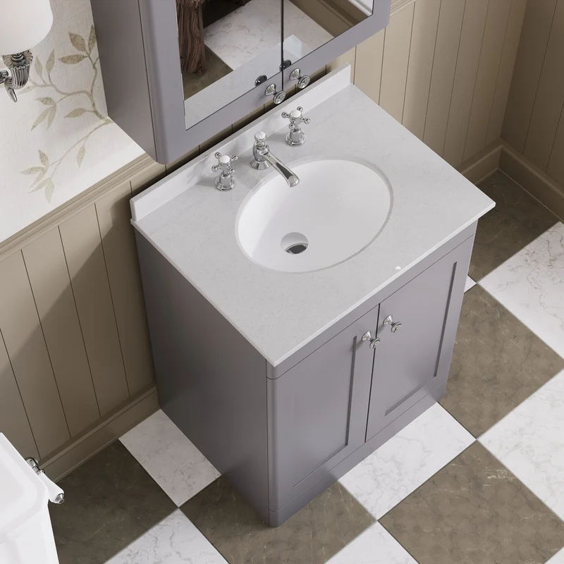 Classique 600mm Floor Standing Vanity Unit With 2 Doors With White Marble Worktop With Round Basin - Satin Grey