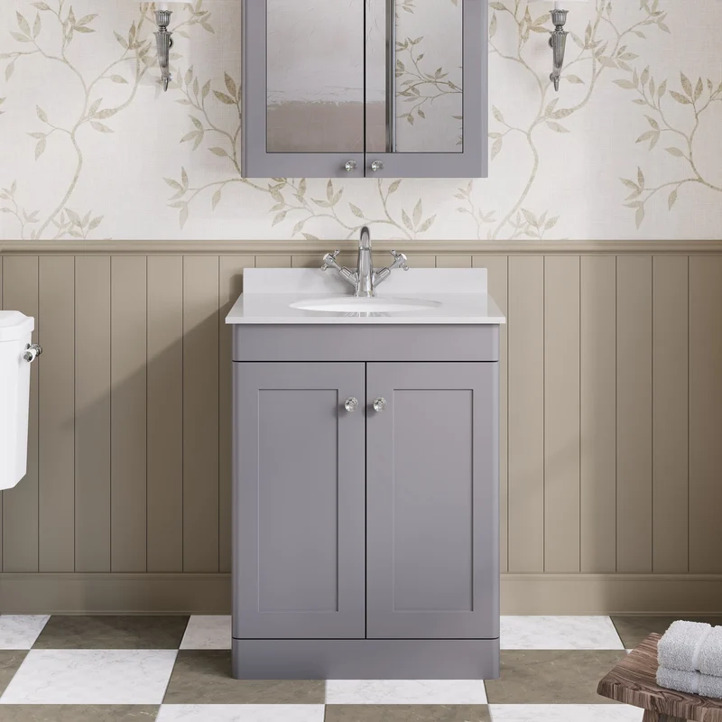 Classique 600mm Floor Standing Vanity Unit With 2 Doors With White Marble Worktop With Round Basin - Satin Grey