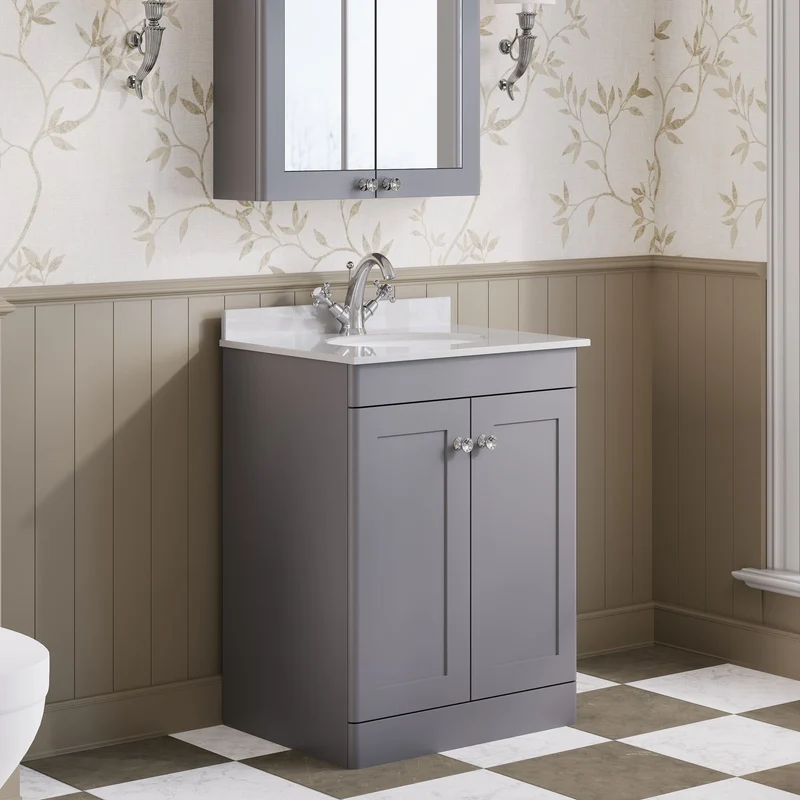 Classique 600mm Floor Standing Vanity Unit With 2 Doors With White Marble Worktop With Round Basin - Satin Grey