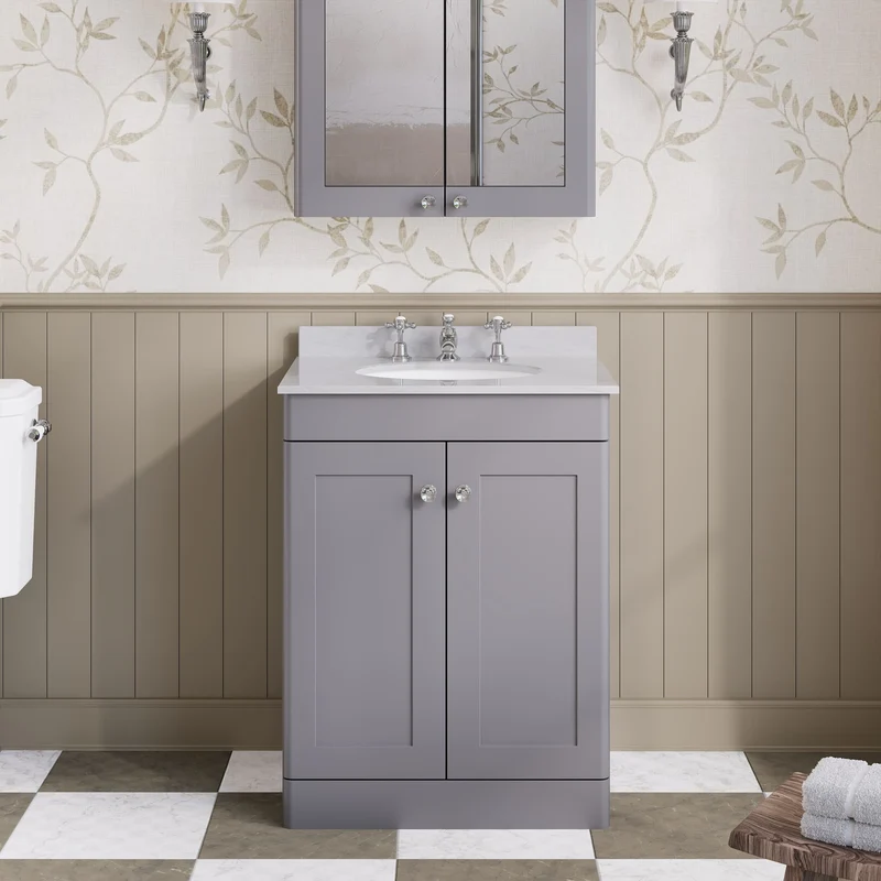 Classique 600mm Floor Standing Vanity Unit With 2 Doors With Grey Marble Worktop With Round Basin - Satin Grey