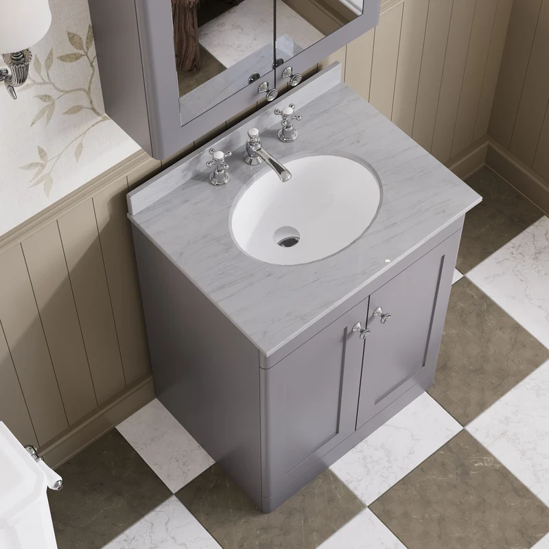 Classique 600mm Floor Standing Vanity Unit With 2 Doors With Grey Marble Worktop With Round Basin - Satin Grey