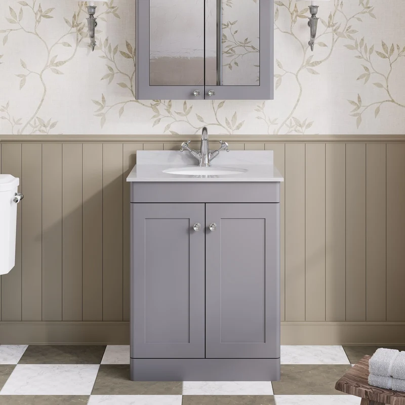 Classique 600mm Floor Standing Vanity Unit With 2 Doors With Grey Marble Worktop With Round Basin - Satin Grey