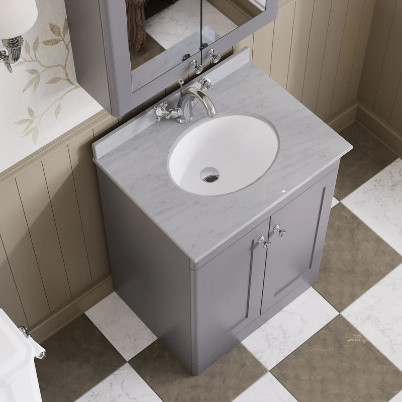 Classique 600mm Floor Standing Vanity Unit With 2 Doors With Grey Marble Worktop With Round Basin - Satin Grey