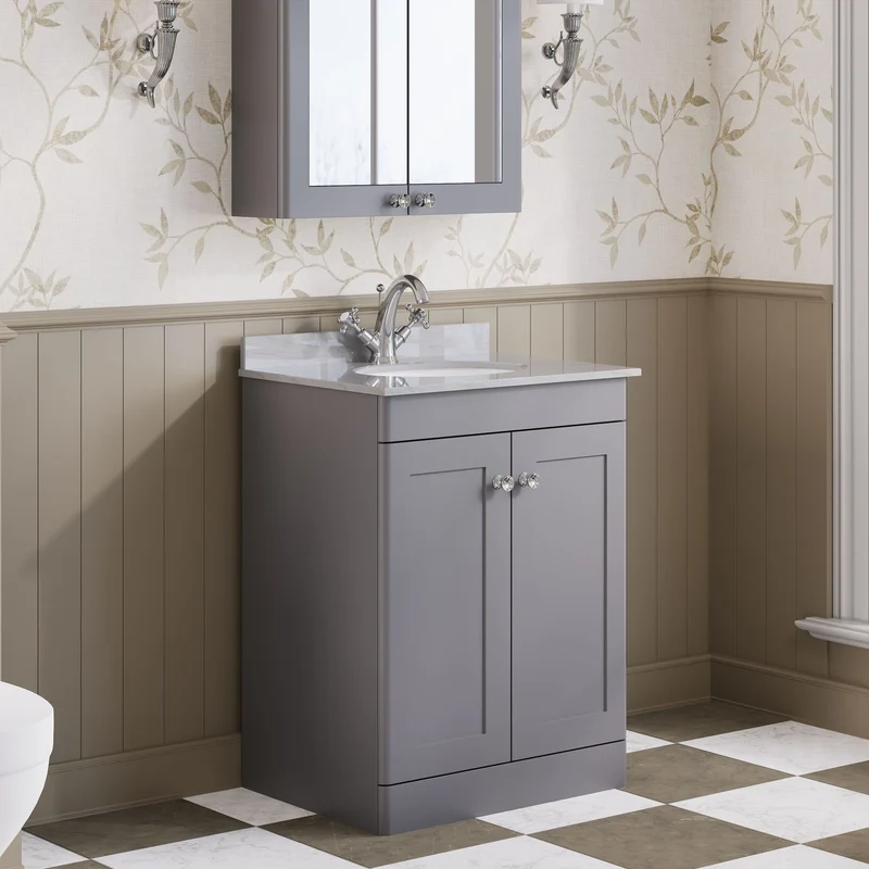 Classique 600mm Floor Standing Vanity Unit With 2 Doors With Grey Marble Worktop With Round Basin - Satin Grey