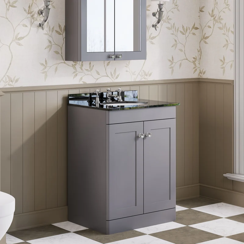 Classique 600mm Floor Standing Vanity Unit With 2 Doors With Black Marble Worktop With Round Basin - Satin Grey