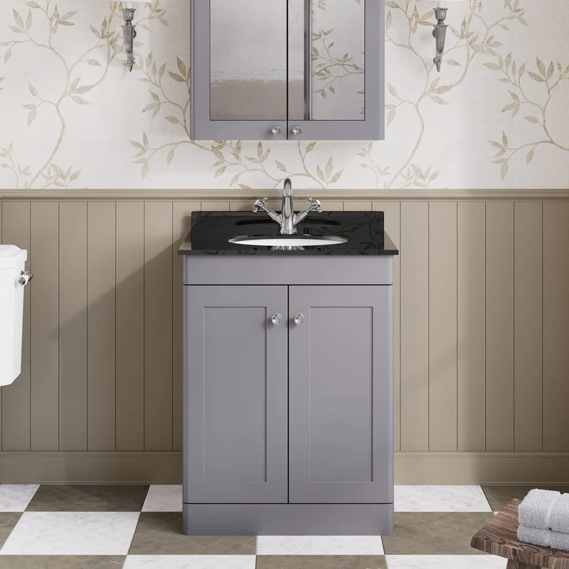 Classique 600mm Floor Standing Vanity Unit With 2 Doors With Black Marble Worktop With Round Basin - Satin Grey
