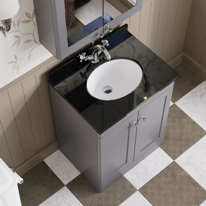 Classique 600mm Floor Standing Vanity Unit With 2 Doors With Black Marble Worktop With Round Basin - Satin Grey