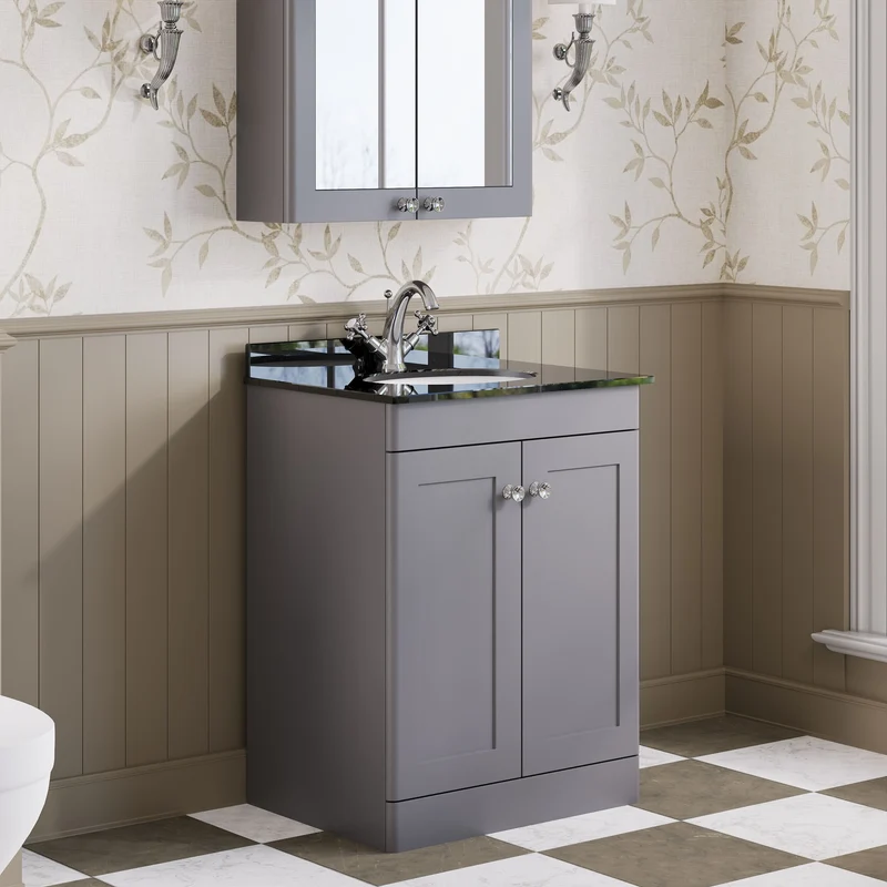 Classique 600mm Floor Standing Vanity Unit With 2 Doors With Black Marble Worktop With Round Basin - Satin Grey