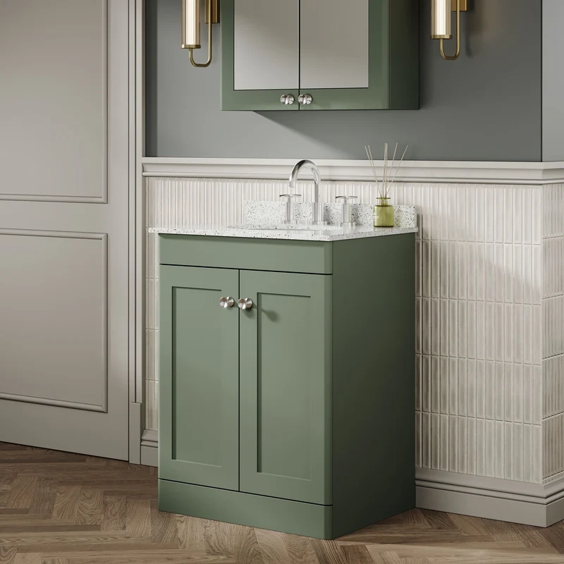 Classique 600mm Floor Standing Vanity Unit With 2 Doors With White Marble Worktop With Round Basin - Satin Green