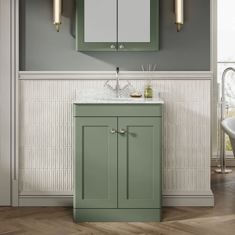Classique 600mm Floor Standing Vanity Unit With 2 Doors With White Marble Worktop With Round Basin - Satin Green
