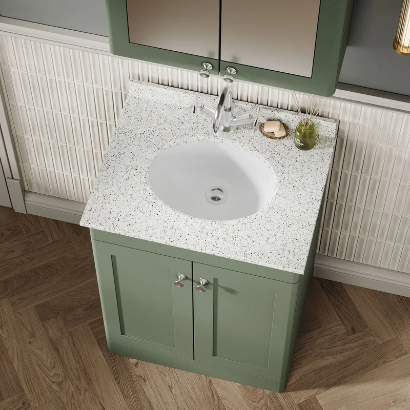 Classique 600mm Floor Standing Vanity Unit With 2 Doors With White Marble Worktop With Round Basin - Satin Green