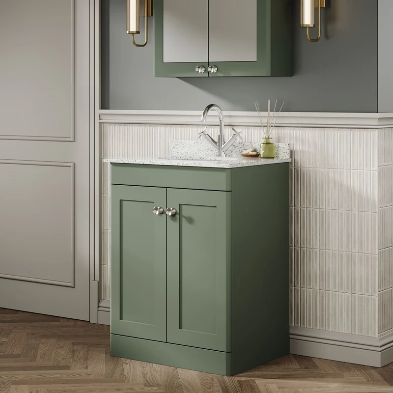 Classique 600mm Floor Standing Vanity Unit With 2 Doors With White Marble Worktop With Round Basin - Satin Green