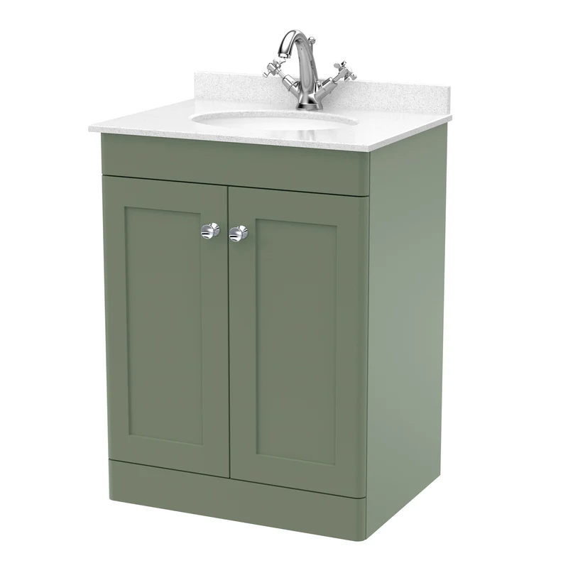 Classique 600mm Floor Standing Vanity Unit With 2 Doors With White Marble Worktop With Round Basin - Satin Green