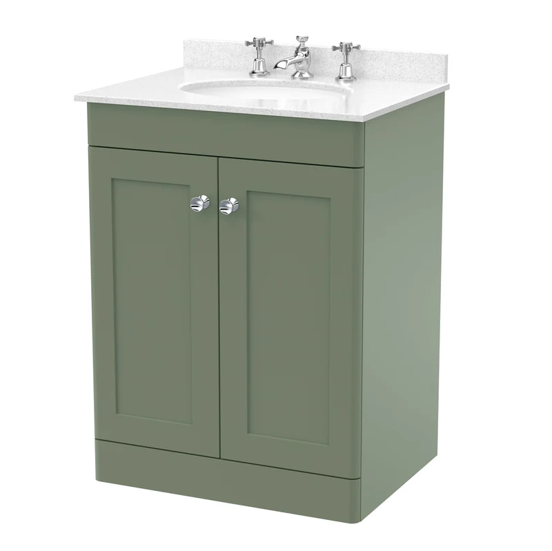 Classique 600mm Floor Standing Vanity Unit With 2 Doors With White Marble Worktop With Round Basin - Satin Green