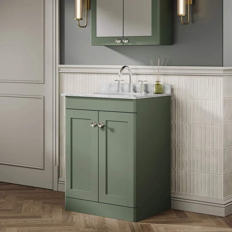 Classique 600mm Floor Standing Vanity Unit With 2 Doors With Grey Marble Worktop With Round Basin - Satin Green