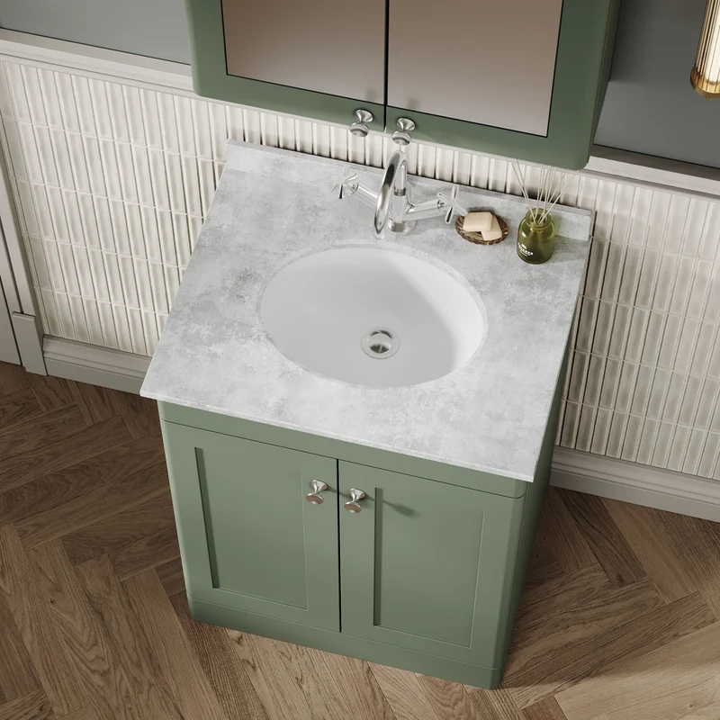Classique 600mm Floor Standing Vanity Unit With 2 Doors With Grey Marble Worktop With Round Basin - Satin Green