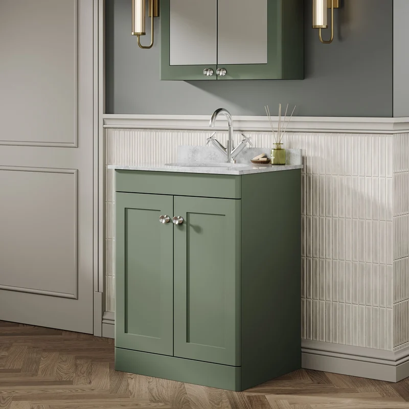 Classique 600mm Floor Standing Vanity Unit With 2 Doors With Grey Marble Worktop With Round Basin - Satin Green