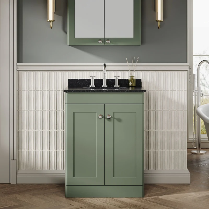 Classique 600mm Floor Standing Vanity Unit With 2 Doors With Black Marble Worktop With Round Basin - Satin Green