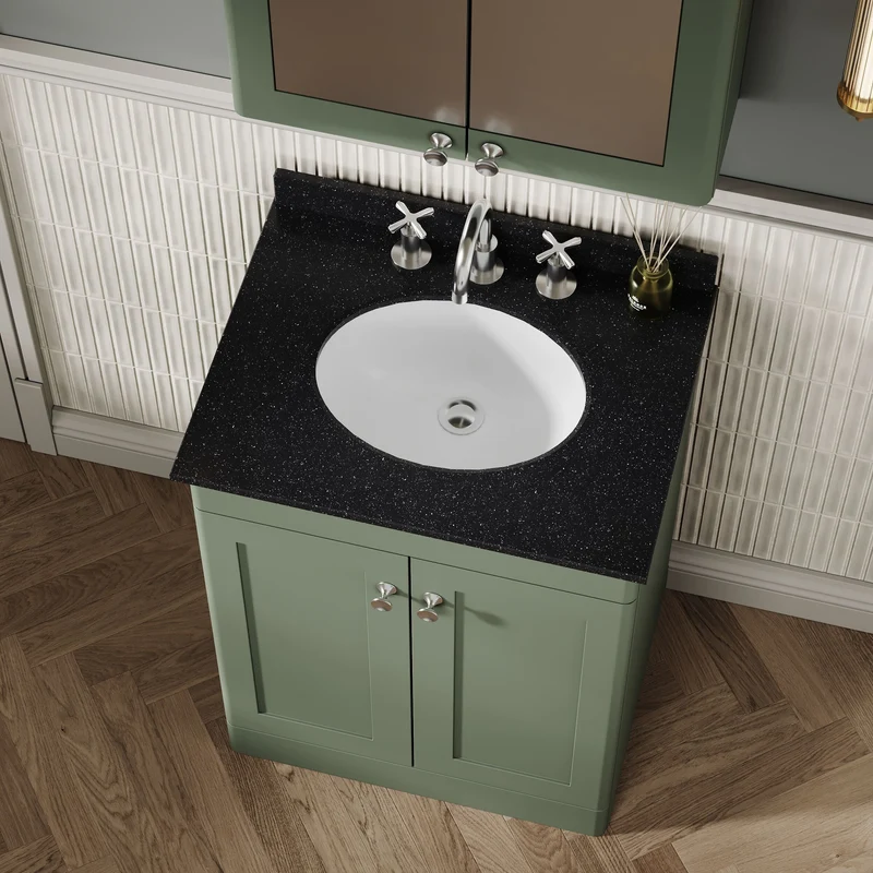 Classique 600mm Floor Standing Vanity Unit With 2 Doors With Black Marble Worktop With Round Basin - Satin Green
