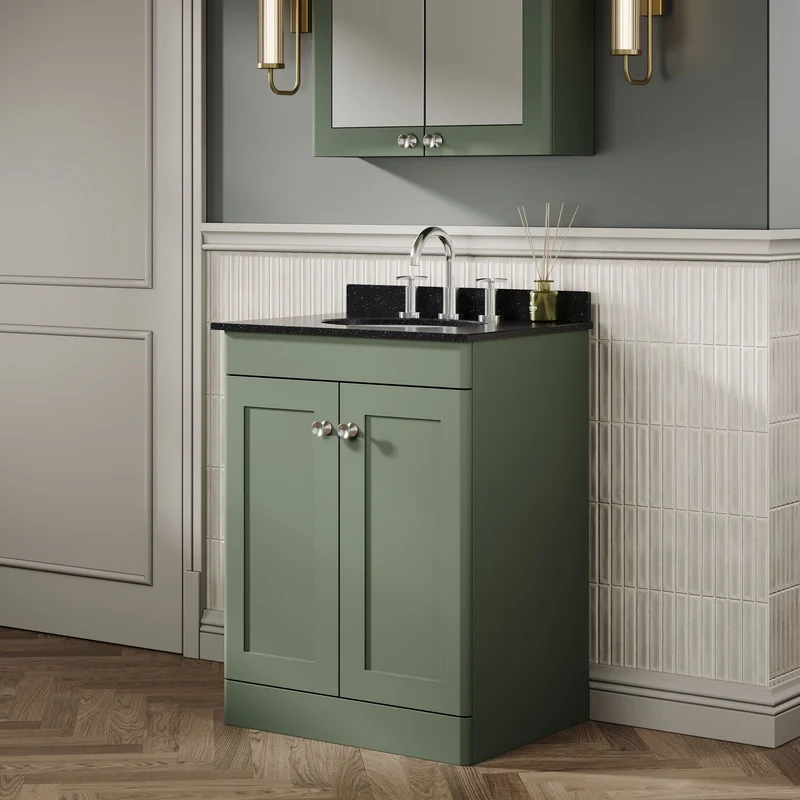 Classique 600mm Floor Standing Vanity Unit With 2 Doors With Black Marble Worktop With Round Basin - Satin Green