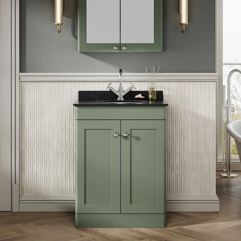 Classique 600mm Floor Standing Vanity Unit With 2 Doors With Black Marble Worktop With Round Basin - Satin Green