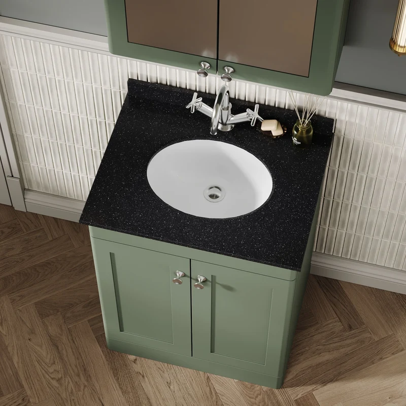 Classique 600mm Floor Standing Vanity Unit With 2 Doors With Black Marble Worktop With Round Basin - Satin Green