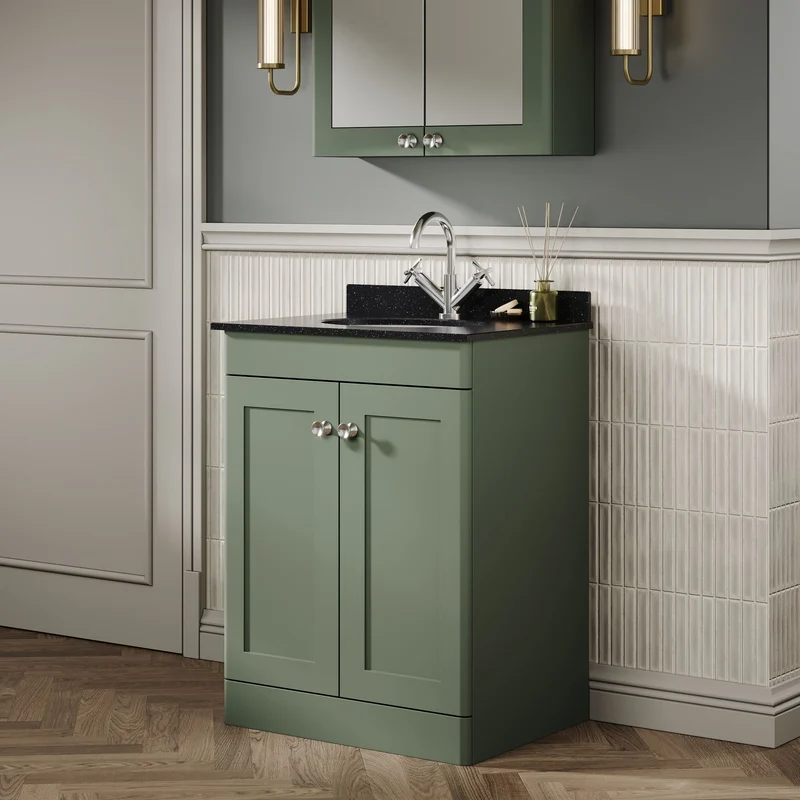 Classique 600mm Floor Standing Vanity Unit With 2 Doors With Black Marble Worktop With Round Basin - Satin Green